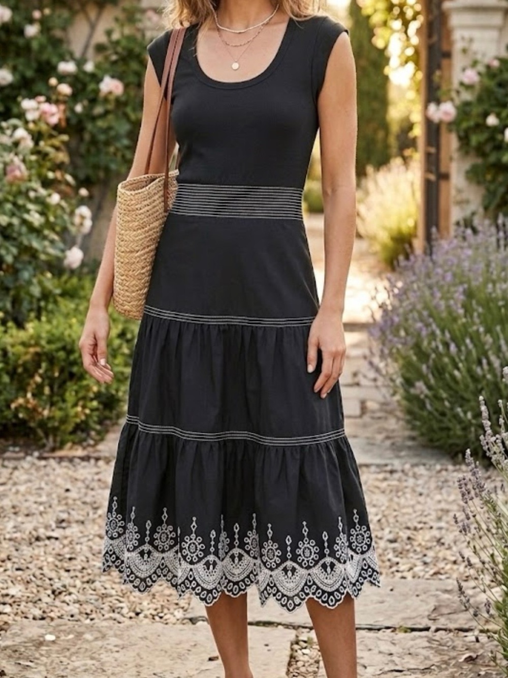 Veronica Beard Amaia jersey-paneled cotton-poplin midi dress black tiered medium